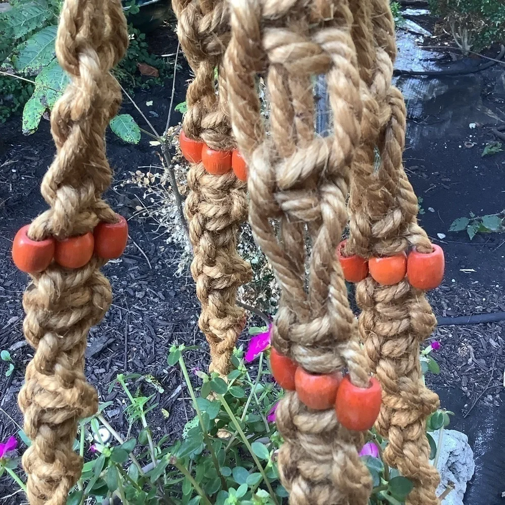 Large Vintage Macrame Orange Beaded Tassel Hanging Planter